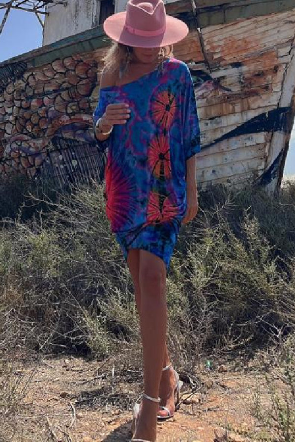 Tie-dye Print Mini Dress Stretch Oversized Kaftan