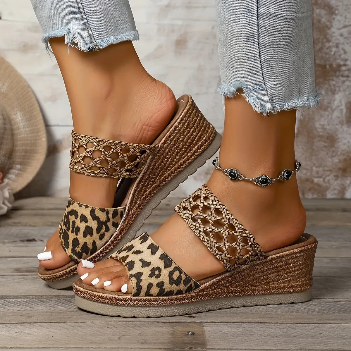 Braided Strap Platform Wedge Slide Sandals