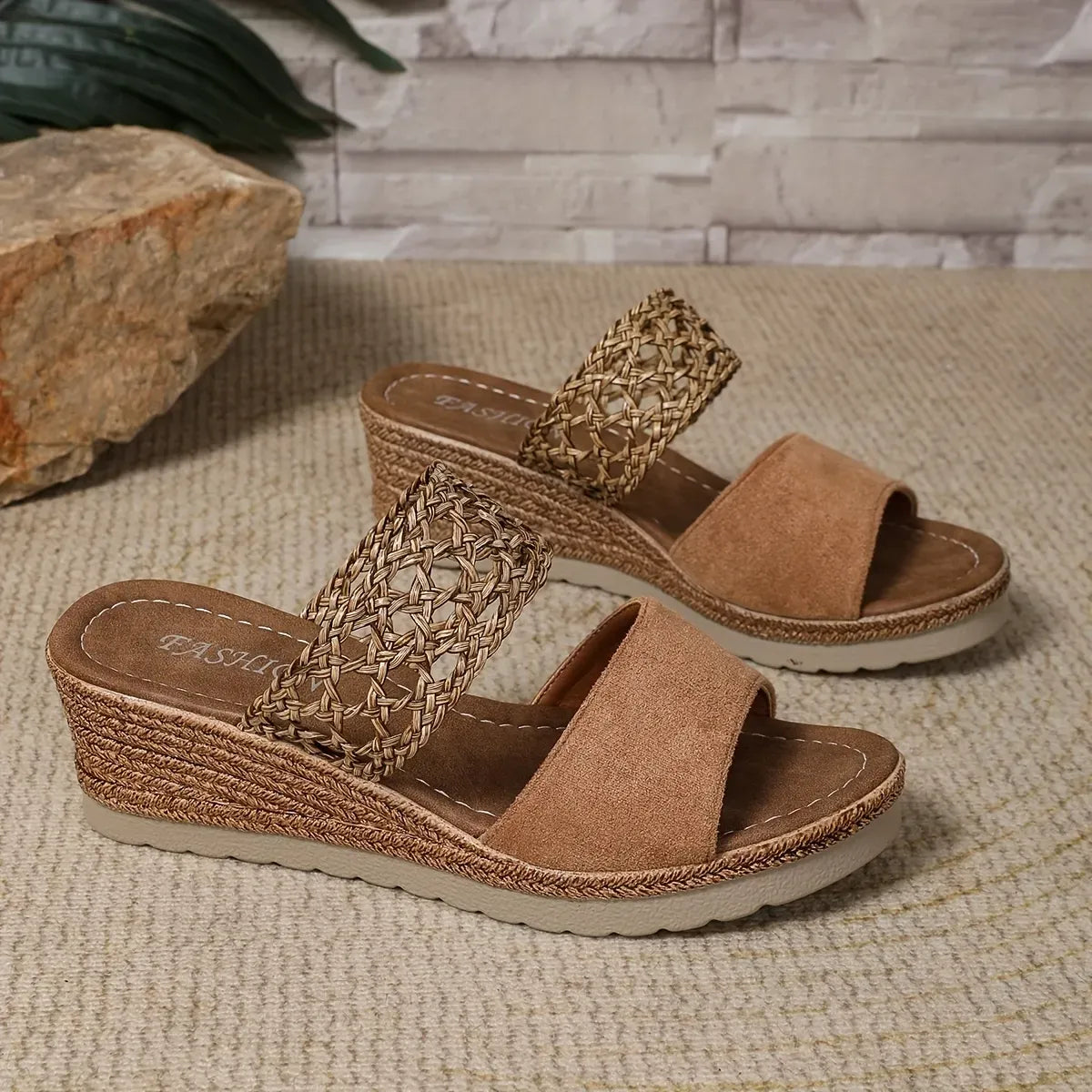 Braided Strap Platform Wedge Slide Sandals