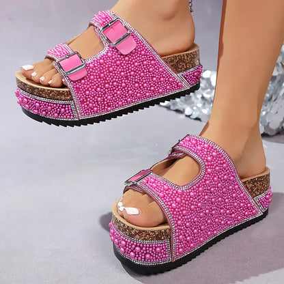 Rhinestone Buckle Platform Slide Sandals